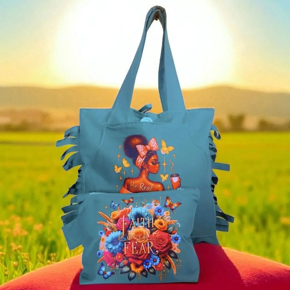 Artistic Blue Tote with Fringe Details